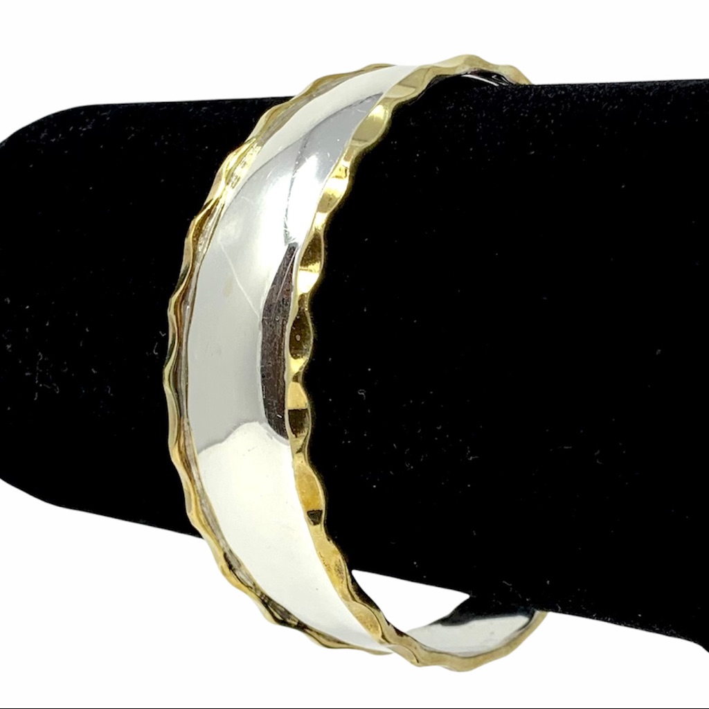 Cii Mexico Sterling Silver Brass Wavy Edge Two Tone Modernist Cuff Bracelet